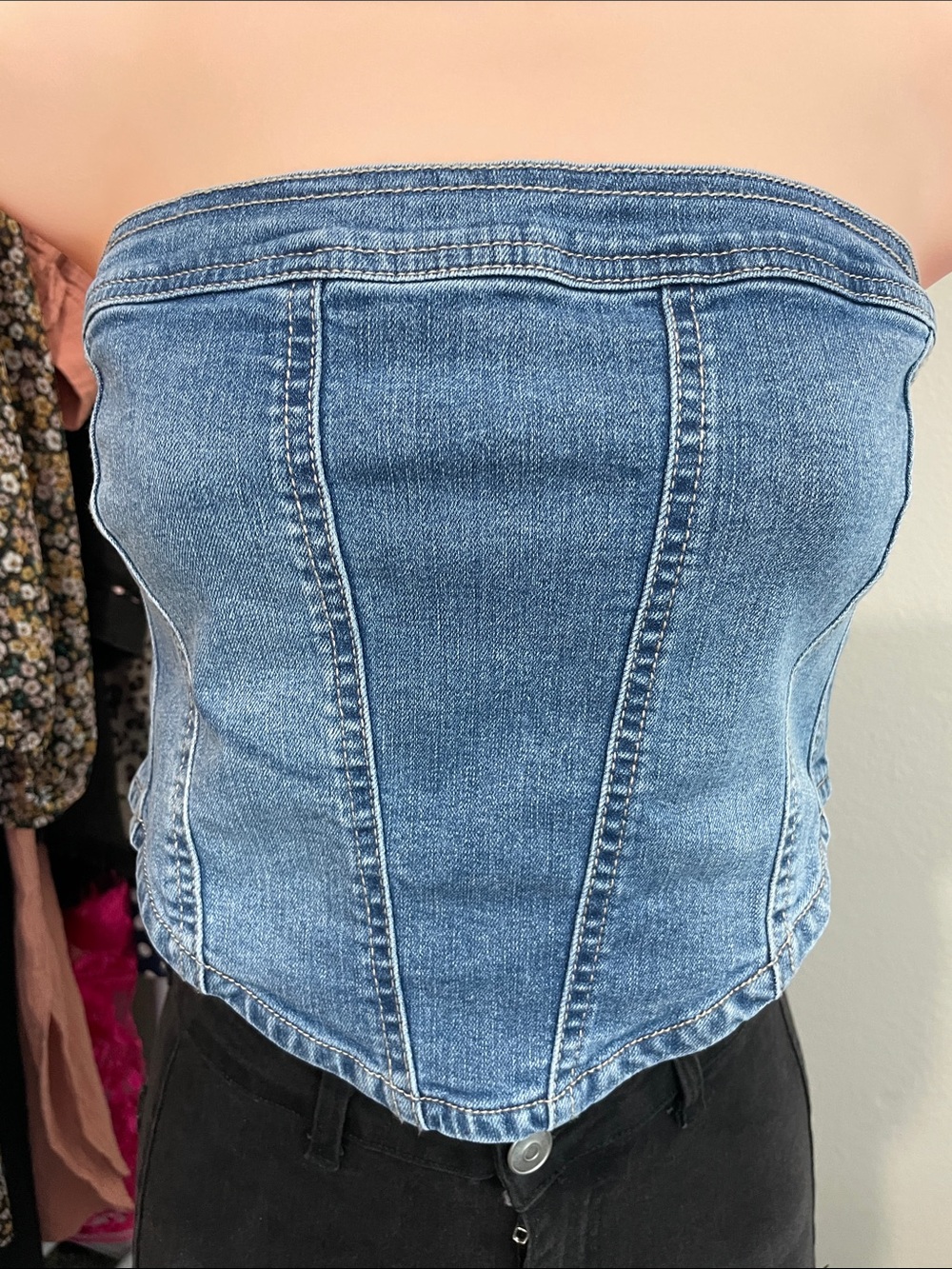 Love Tree Blue Denim Strapless Corset Crop Top - Picture 4 of 8